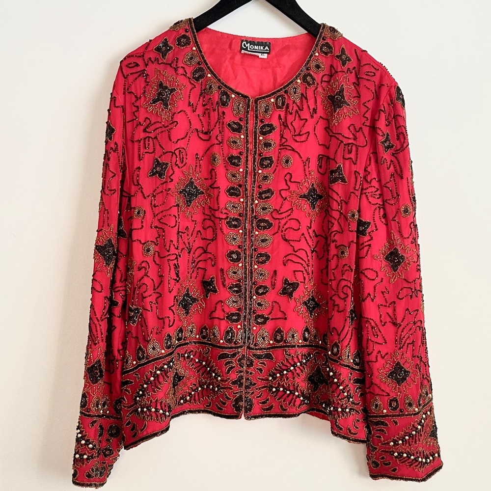 Vintage red beaded silk jacket embellished black gold beads abstract floral XL